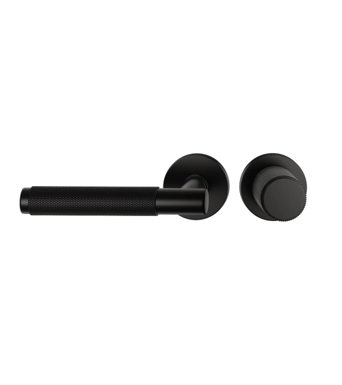 Asymmetric duo textured black Time designer door handle and knob aligned horizontally