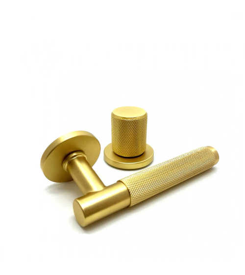 Asymmetric duo textured matt gold Time door handle and knob design handle horizontally aligned