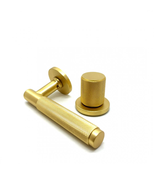 Asymmetric duo textured matt gold Time door handle and knob design handle horizontally aligned