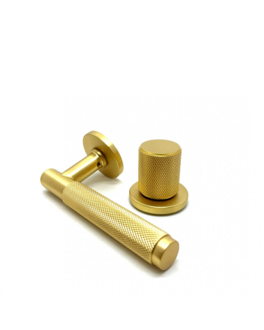 Asymmetric duo textured matt gold Time door handle and knob design handle presented side by side