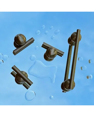 Brass furniture knob model 04 design handle top view on a blue surface with water droplets