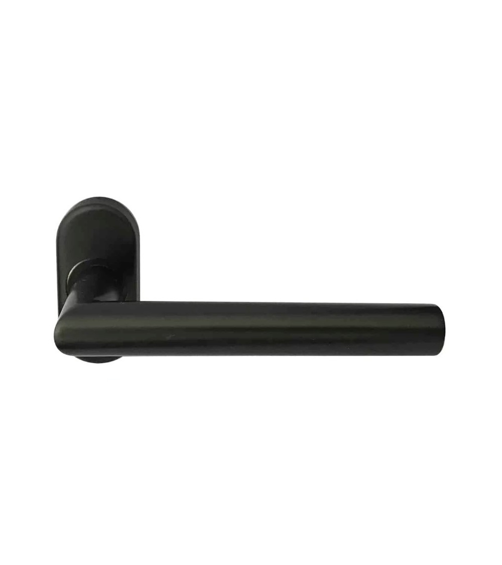 black door handle on an oval rose plate for a narrow profile on a white background