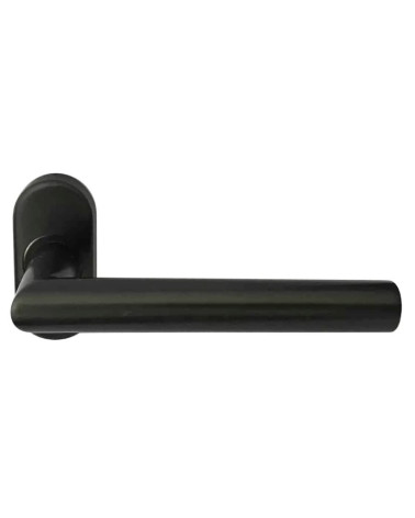 black door handle on an oval rose plate for a narrow profile on a white background