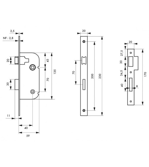 Black mortice lock Thirard NF black steel faceplate, 40mm follower, 70mm centres, for WC or bathroom - designer handle