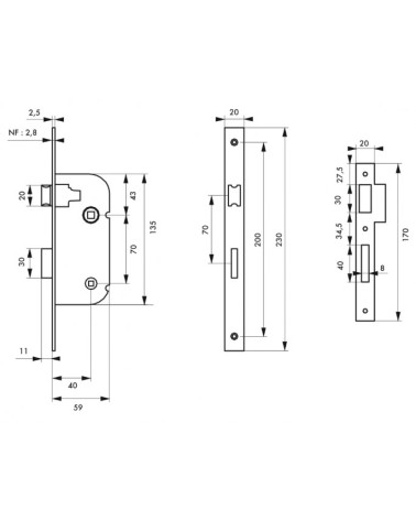 Thirard black mortise lock NF black steel faceplate, 40mm axis, 70mm centre distance, for WC or bathroom