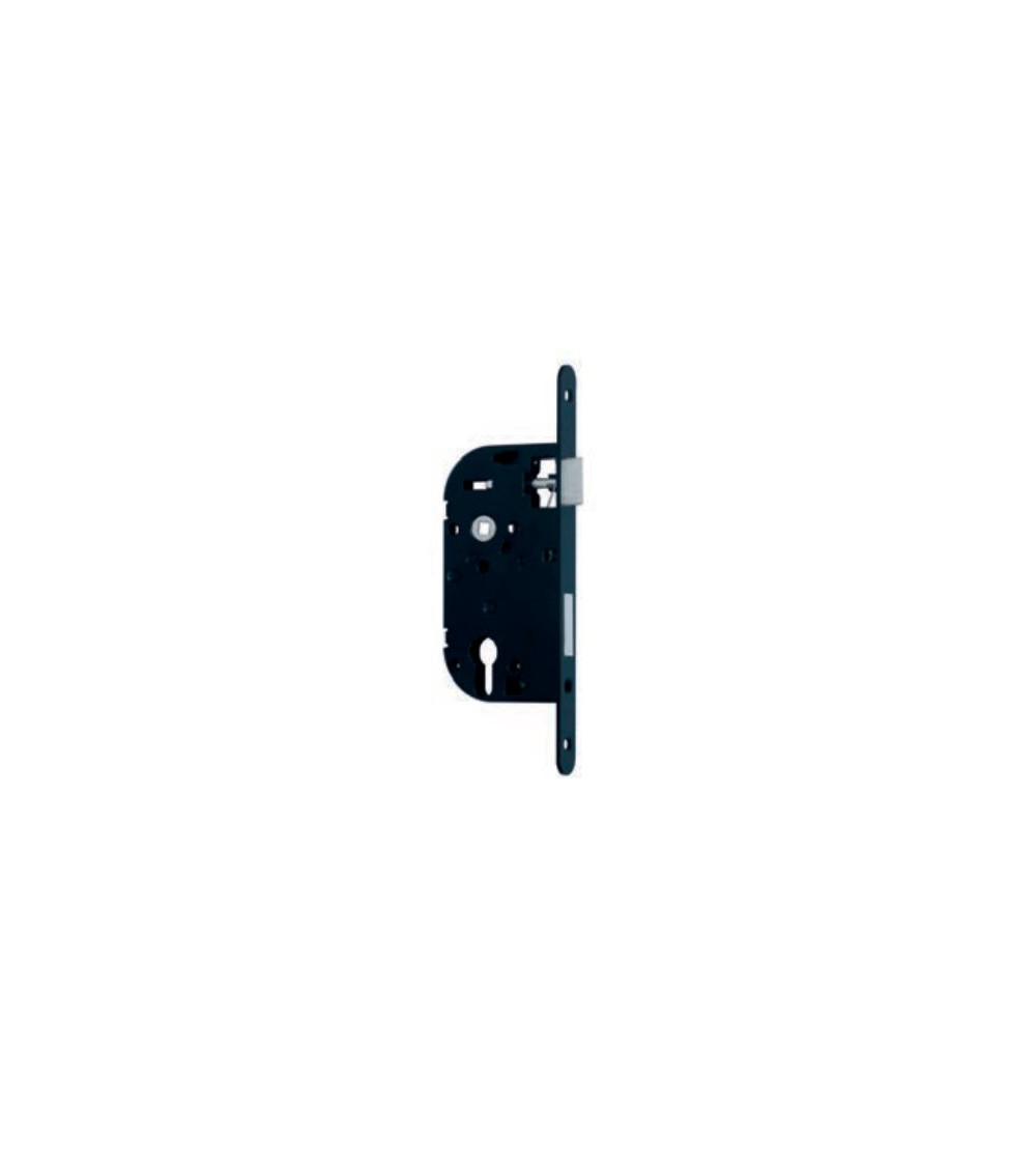Black NF cylinder lock with black steel faceplate, 50mm spindle, 70mm centres