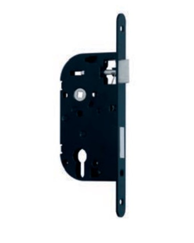 Black NF cylinder lock with black steel faceplate, 50mm spindle, 70mm centres
