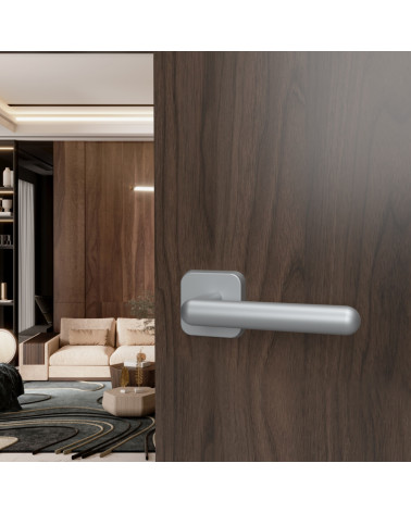 NOX satin chrome door handle design handle fitted on an open door