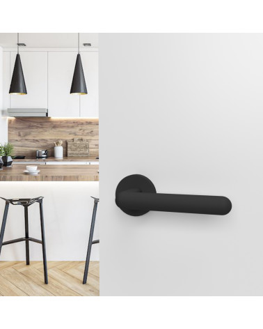 Matt black NOX door handle designer hardware mounted on an open door