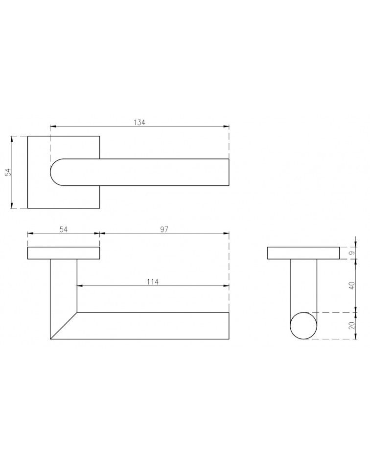 Stainless steel KVADRAT 1701 door handle with dimensions
