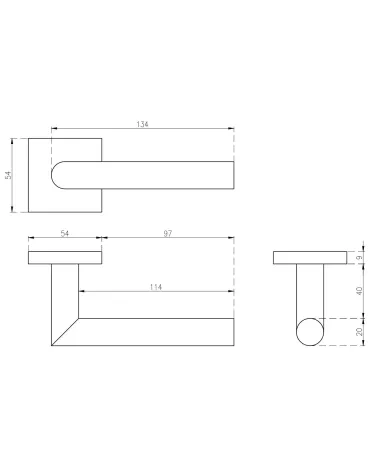 Stainless steel KVADRAT 1701 door handle with dimensions