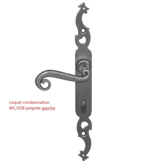 Patinated iron door handles on longitudinal plate - Coq