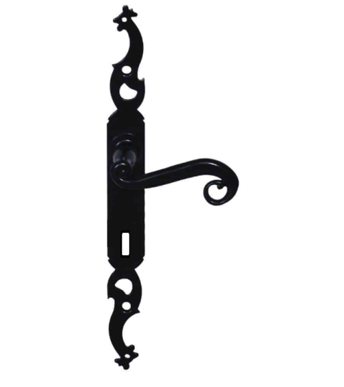 Black iron door handles on long backplate bedroom key