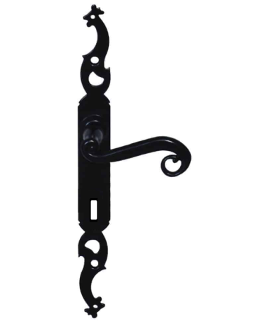 Black iron door handles on long backplate bedroom key
