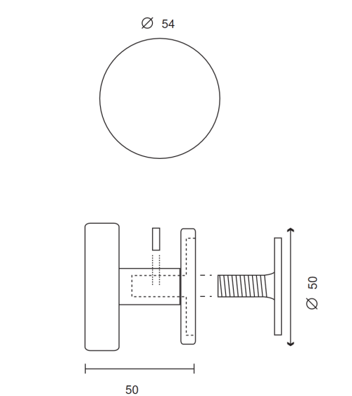 Flat round knob d.54 in aluminium on round rosette