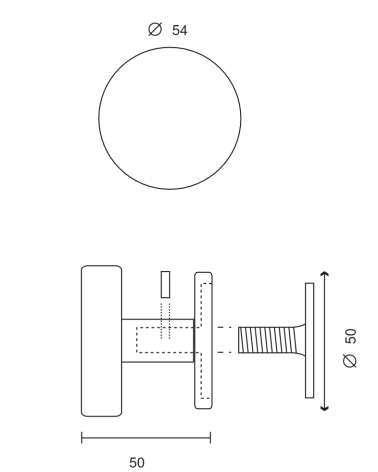 Flat round knob d.54 in aluminium on round rosette