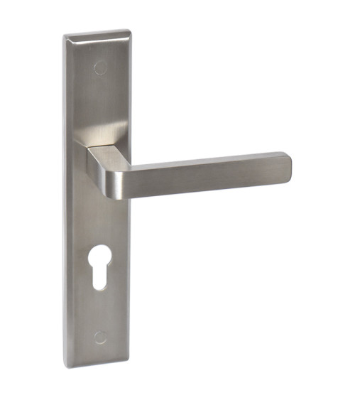 Soho Prestige stainless steel door handle on long plate with cylinder hole - millapoignees