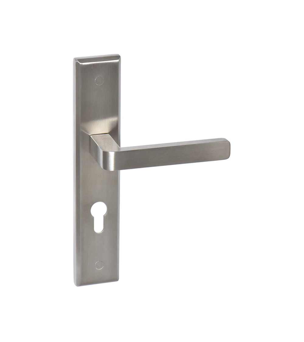Soho Prestige stainless steel door handle on long plate with cylinder hole - millapoignees