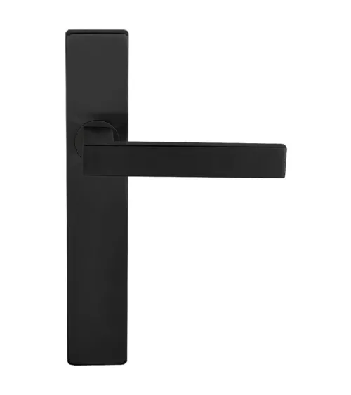 Black door handle on rectangular plate with concealed fixings, 70mm centres - Majestea model