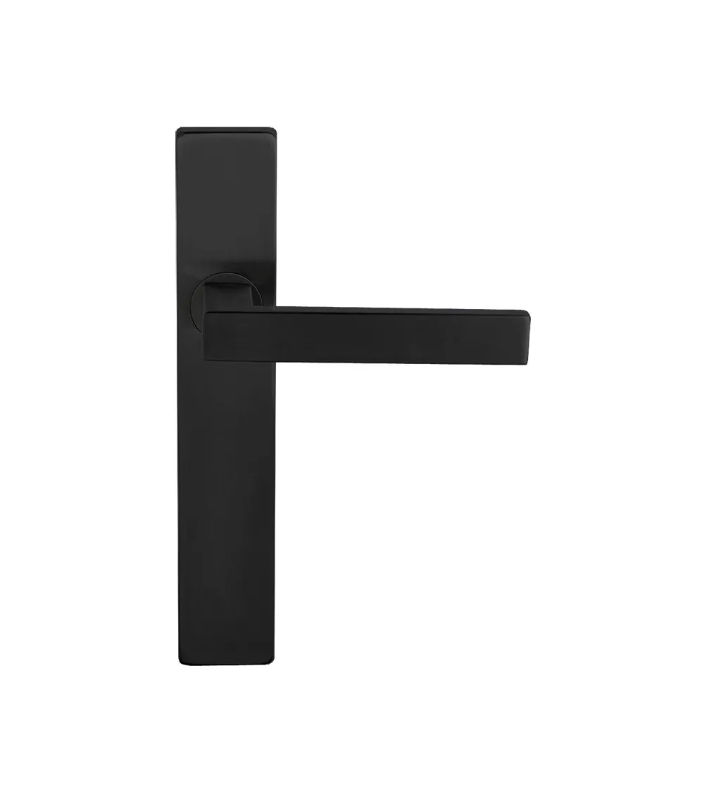 Black door handle on rectangular plate with concealed fixings, 70mm centres - Majestea model
