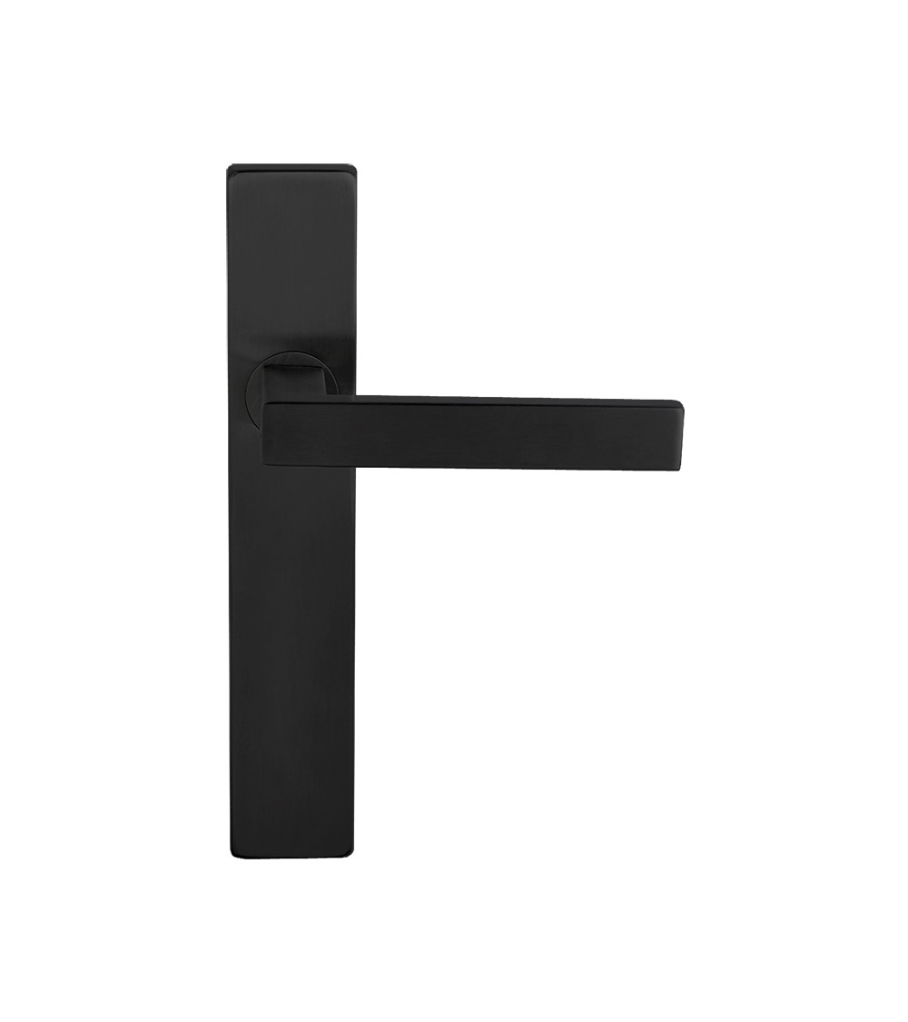 Black door handle on rectangular plate with concealed fixings, 70mm centres - Majestea model