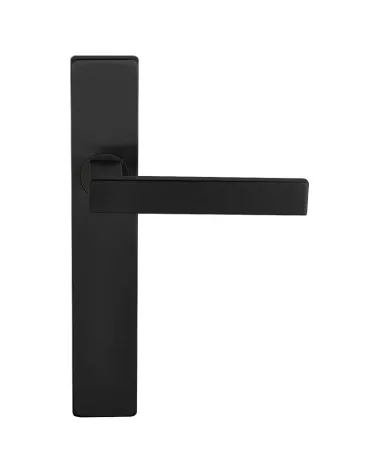 Black door handle on rectangular plate with concealed fixings, 70mm centres - Majestea model