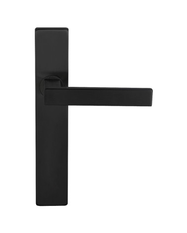 Black door handle on rectangular plate with concealed fixings, 70mm centres - Majestea model