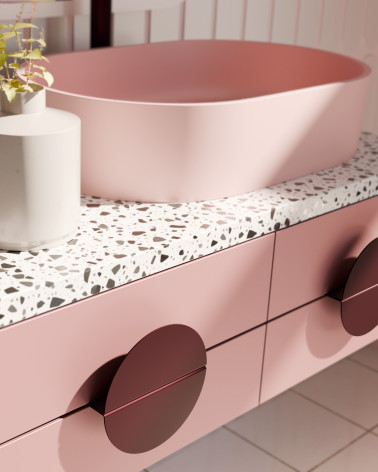 ZORIA burgundy designer handle designer handle mounted on a pink bathroom cabinet
