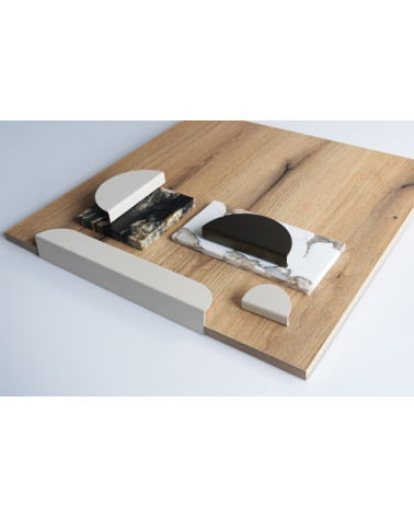 ZORIA elongated furniture handle design handle displayed on a wooden board