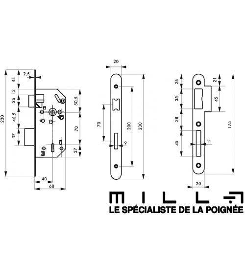 Design mortice lock Thirard MONOMAX NF black steel faceplate, 40mm axis, 70mm centres, for bedroom - design handle