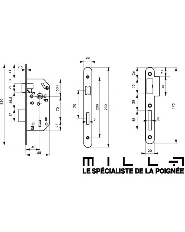 Design recessed lock Thirard MONOMAX NF black steel faceplate, 40mm backset, 70mm centres, for bedroom