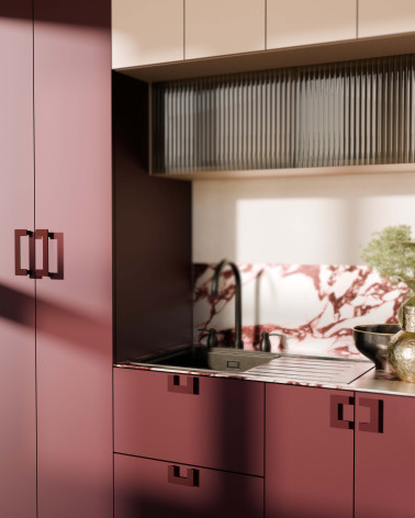 SOLEA burgundy furniture handle design handle fitted on a kitchen unit