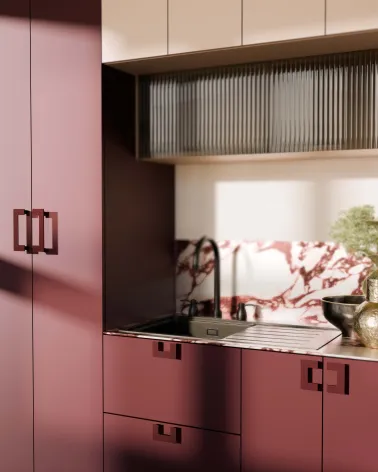 SOLEA burgundy furniture handle design handle fitted on a kitchen unit