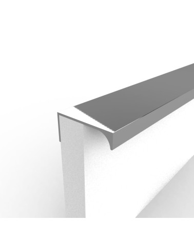 Polished chrome TERRA furniture handle designer handle fixed to the edge of a white panel