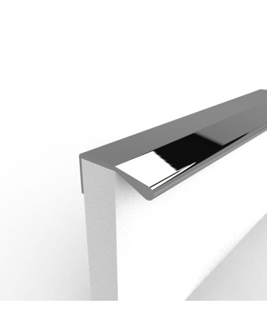 Polished chrome COSTA furniture handle designer handle fixed to the edge of a white panel