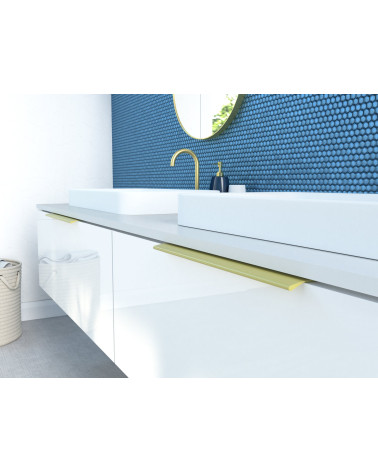Gold anode furniture handle COSTA design handle mounted on a bathroom cabinet